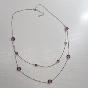 Long Double Stack Silver Necklace With Purple Gems